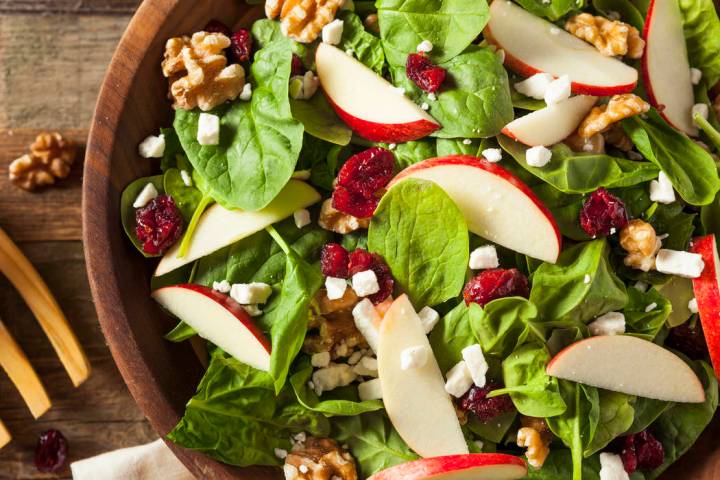 Homemade Autumn Apple Walnut Spinach Salad with Cheese and Cranberries