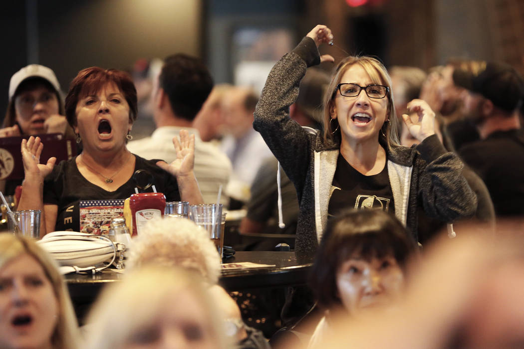 Kristina Byrd, of Las Vegas, cheers on the Vegas Golden Knights during the second game of the W ...