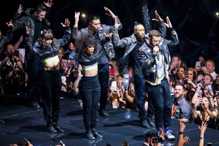 Justin Timberlake, right, performs at T-Mobile Arena in Las Vegas on Saturday, April 14, 2018. Chase Stevens Las Vegas Review-Journal @csstevensphoto