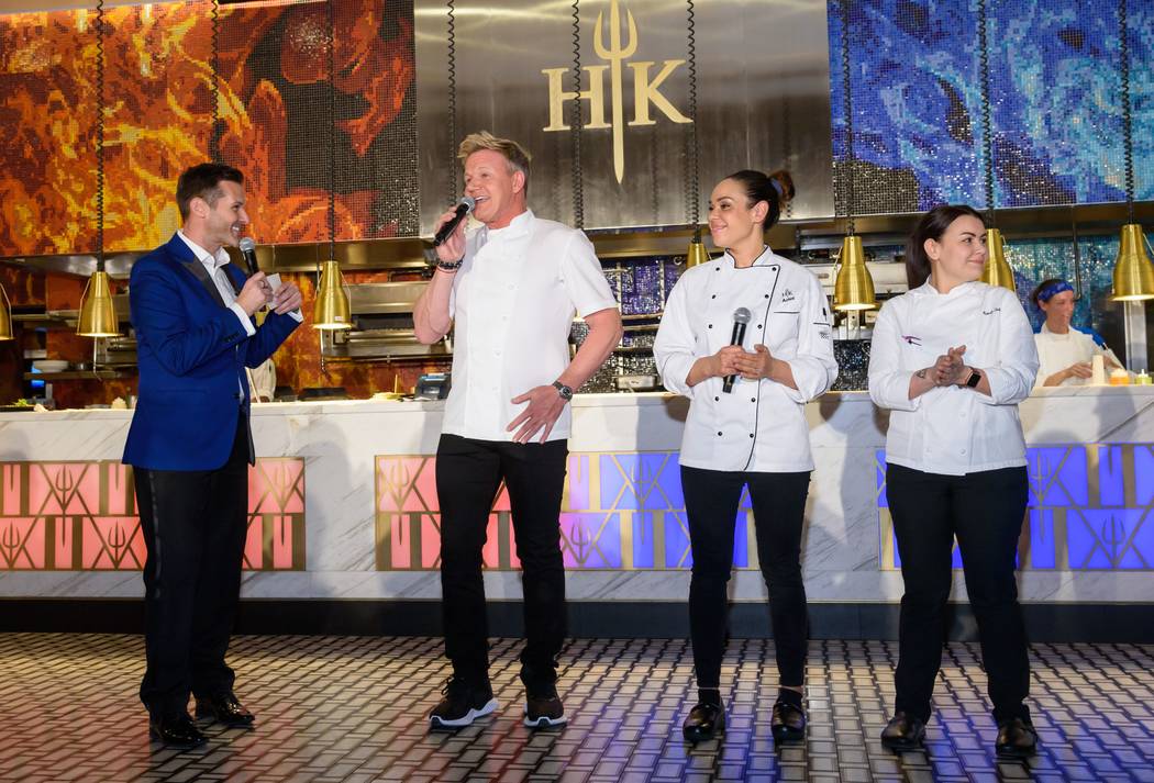 Fox 5's Sean McAlister hosts the introductions Gordon Ramsay, Ariel Fox and Michelle Tribble Star chef at Hell's Kitchen's one-year anniversary party at Caesars Palace on Friday, March 1, 2019. (C ...
