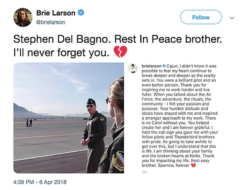Twitter Brie Larson shared a photo of herself with Maj. Stephen Cajun Del Bagno on social media along with a tribute to th ...