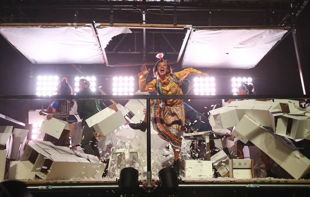 Cast members in "Fuerza Bruta" perform as part of a media preview at the show's tent ...