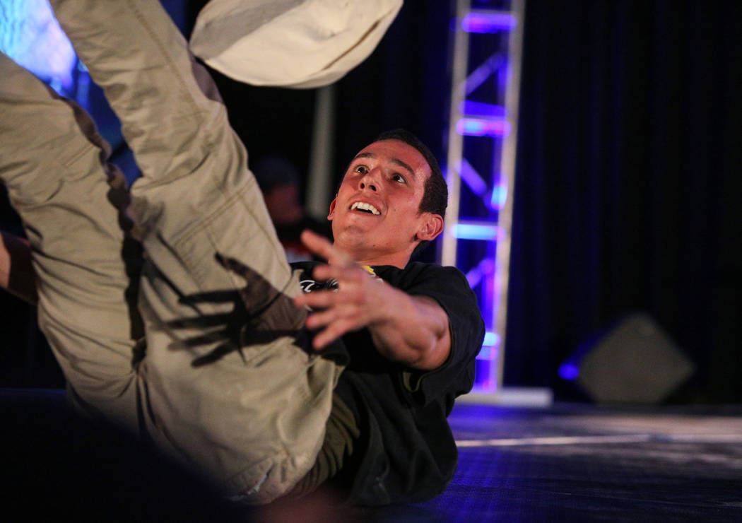 Scott Volpe from Arizona competes in the dough-tossing championship of the International Pizza Expo at the Las Vegas Convention Center in Las Vegas, Wednesday, March 6, 2019. (Caroline Brehman/Las ...
