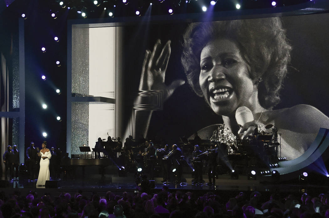 FILE - In this Sunday, Jan. 13, 2019, file photo, Jennifer Hudson performs at the "Aretha! A Grammy Celebration For The Queen Of Soul" event at the Shrine Auditorium in Los Angeles. The ...