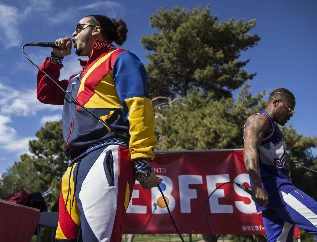 Goliath Cruz, left, and Jovi Jov perform at the RebFest Music Festival on Tuesday, March 12, 2019, at UNLV, in Las Vegas. (Benjamin Hager Review-Journal) @BenjaminHphoto