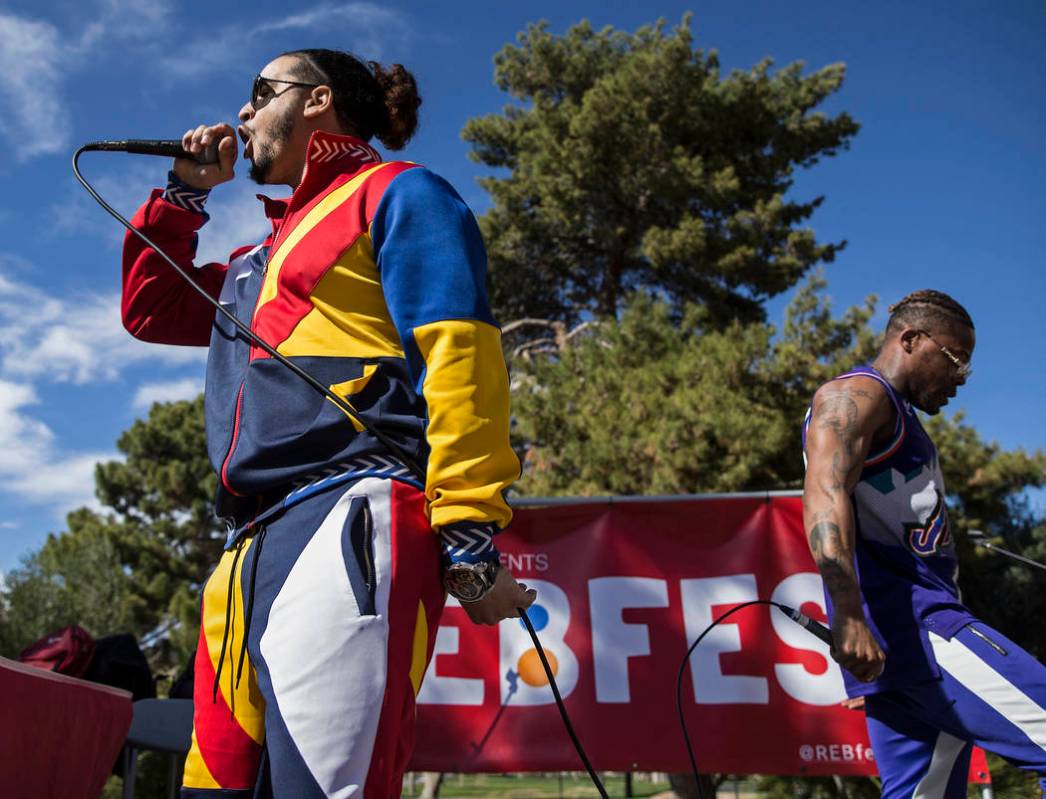 Goliath Cruz, left, and Jovi Jov perform at the RebFest Music Festival on Tuesday, March 12, 2019, at UNLV, in Las Vegas. (Benjamin Hager Review-Journal) @BenjaminHphoto