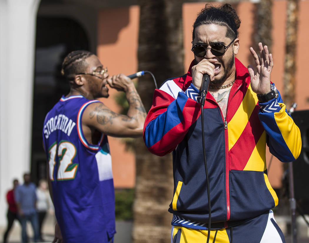 Goliath Cruz, right, and Jovi Jov perform at the RebFest Music Festival on Tuesday, March 12, 2019, at UNLV, in Las Vegas. (Benjamin Hager Review-Journal) @BenjaminHphoto