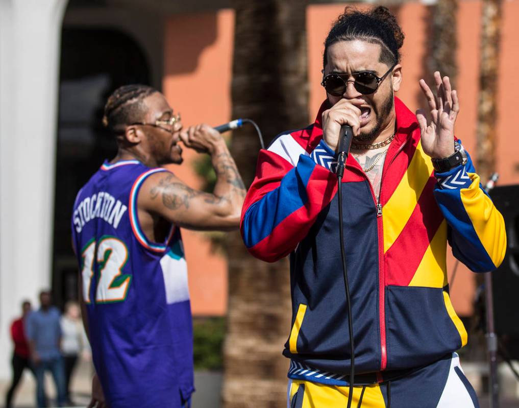 Goliath Cruz, right, and Jovi Jov perform at the RebFest Music Festival on Tuesday, March 12, 2019, at UNLV, in Las Vegas. (Benjamin Hager Review-Journal) @BenjaminHphoto