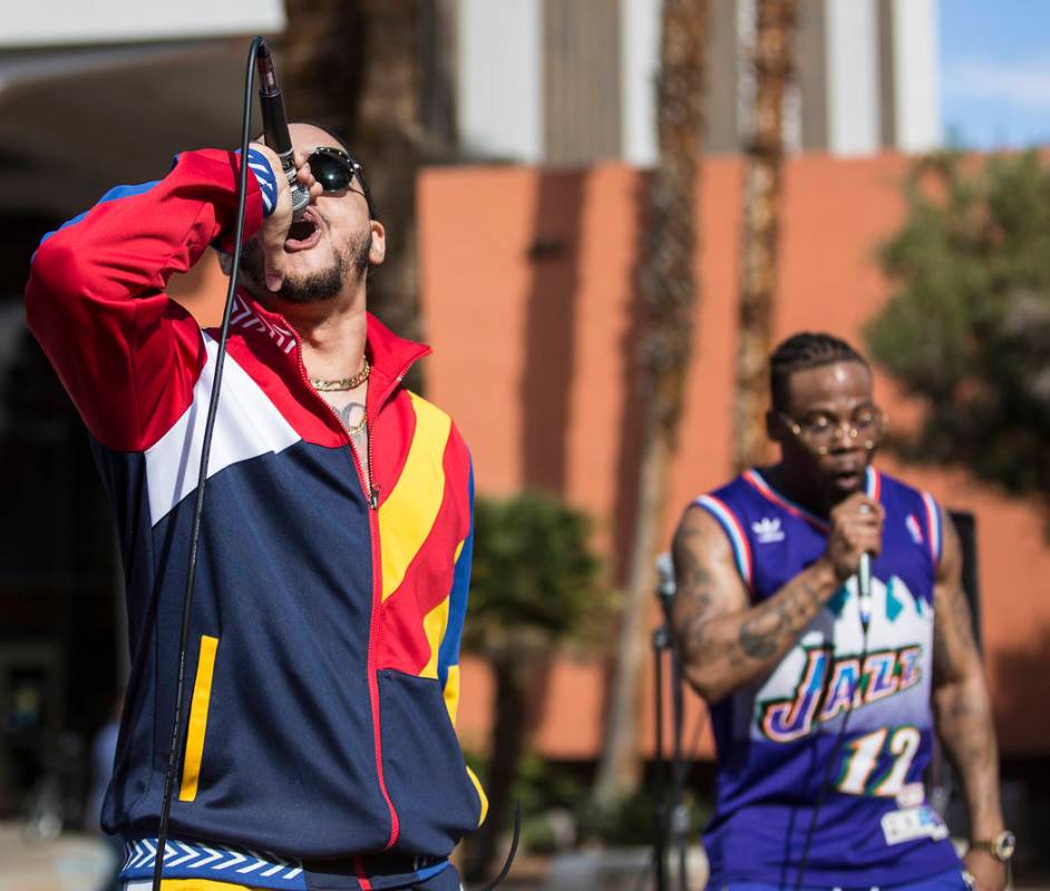 Goliath Cruz, left, and Jovi Jov perform at the RebFest Music Festival on Tuesday, March 12, 2019, at UNLV, in Las Vegas. (Benjamin Hager Review-Journal) @BenjaminHphoto