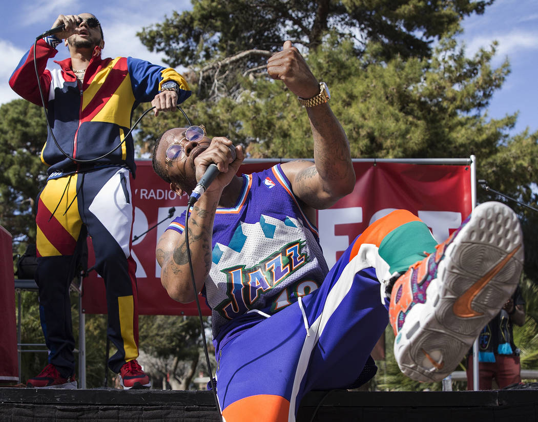 Jovi Jov, right, and Goliath Cruz perform at the RebFest Music Festival on Tuesday, March 12, 2019, at UNLV, in Las Vegas. (Benjamin Hager Review-Journal) @BenjaminHphoto