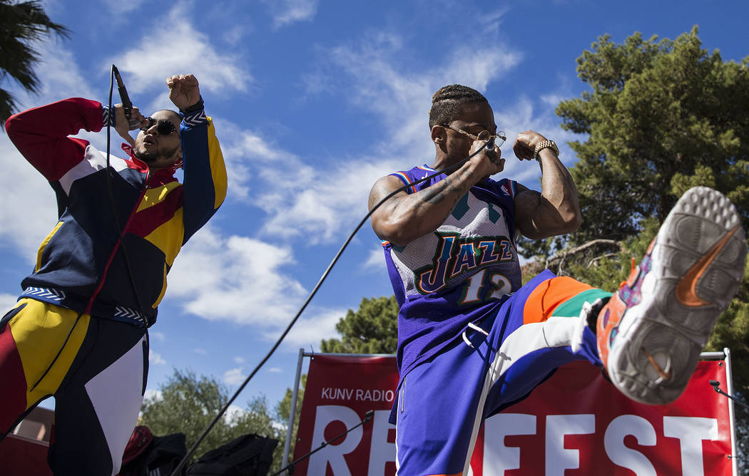 Jovi Jov, right, and Goliath Cruz perform at the RebFest Music Festival on Tuesday, March 12, 2019, at UNLV, in Las Vegas. (Benjamin Hager Review-Journal) @BenjaminHphoto