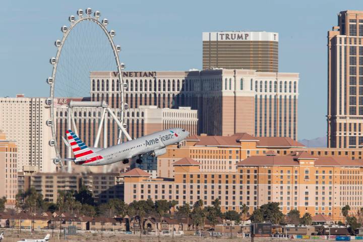An American Airlines flight departs McCarran International Airport in Las Vegas, Sunday, January 28, 2018. Richard Brian/Las Vegas Review-Journal @vegasphotograph