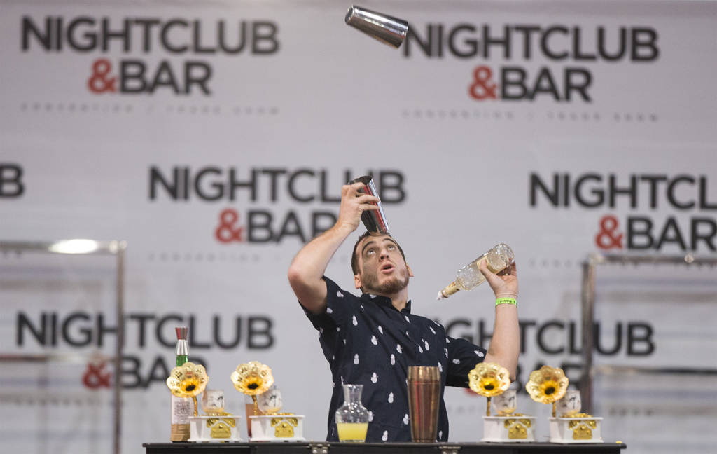 Harry Rivera performs in the flair bartending competition at the Nightclub and Bar Show on Tuesday, March 26, 2019, at the Las Vegas Convention Center, in Las Vegas. (Benjamin Hager Review-Journal ...