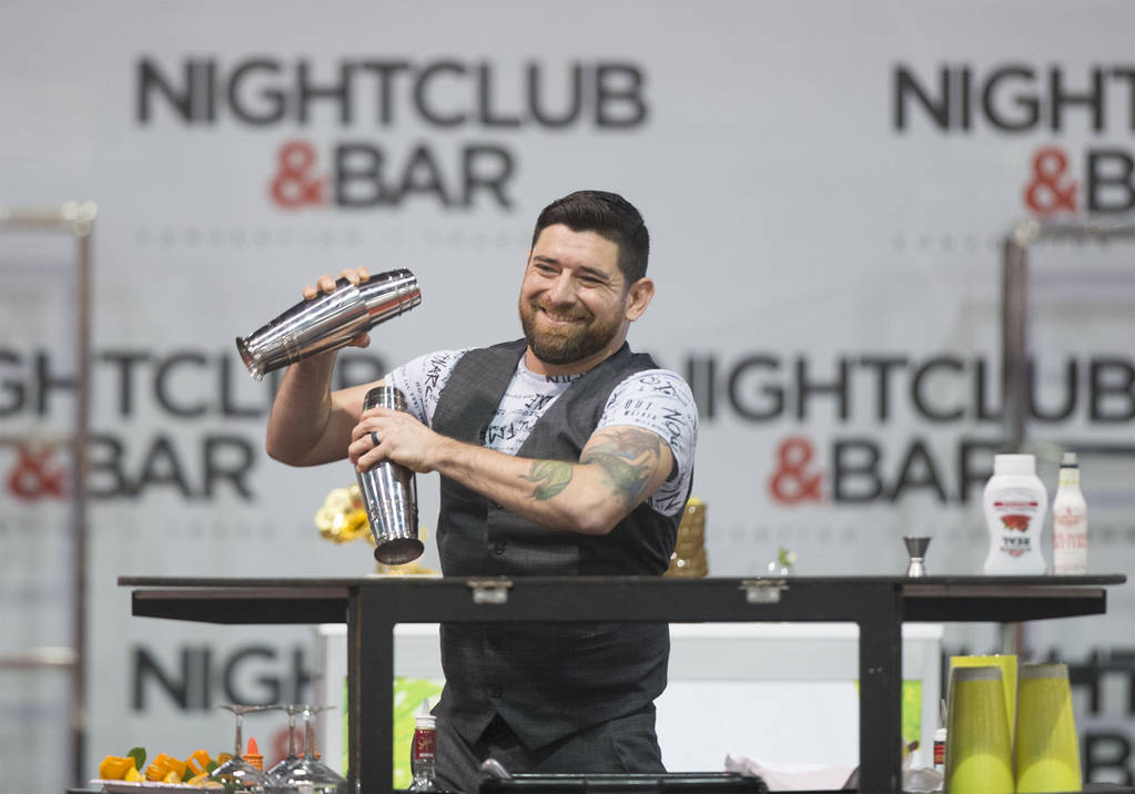 Mariano Gil performs in the flair bartending competition at the Nightclub and Bar Show on Tuesday, March 26, 2019, at the Las Vegas Convention Center, in Las Vegas. (Benjamin Hager Review-Journal) ...