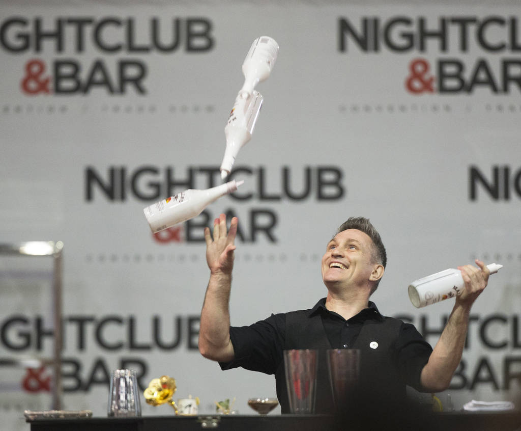Ryan Clark performs in the flair bartending competition at the Nightclub and Bar Show on Tuesday, March 26, 2019, at the Las Vegas Convention Center, in Las Vegas. (Benjamin Hager Review-Journal) ...