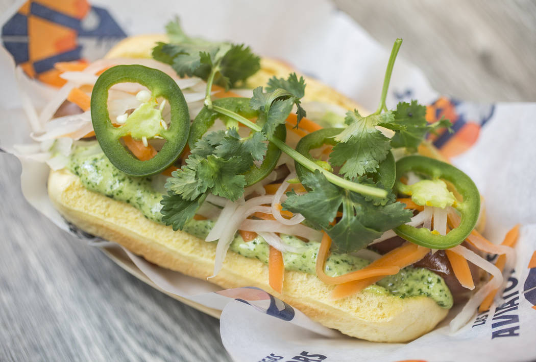 The Jet Setter hotdog at Aviators media day near Las Vegas Ballpark on Tuesday, April 2, 2019, ...