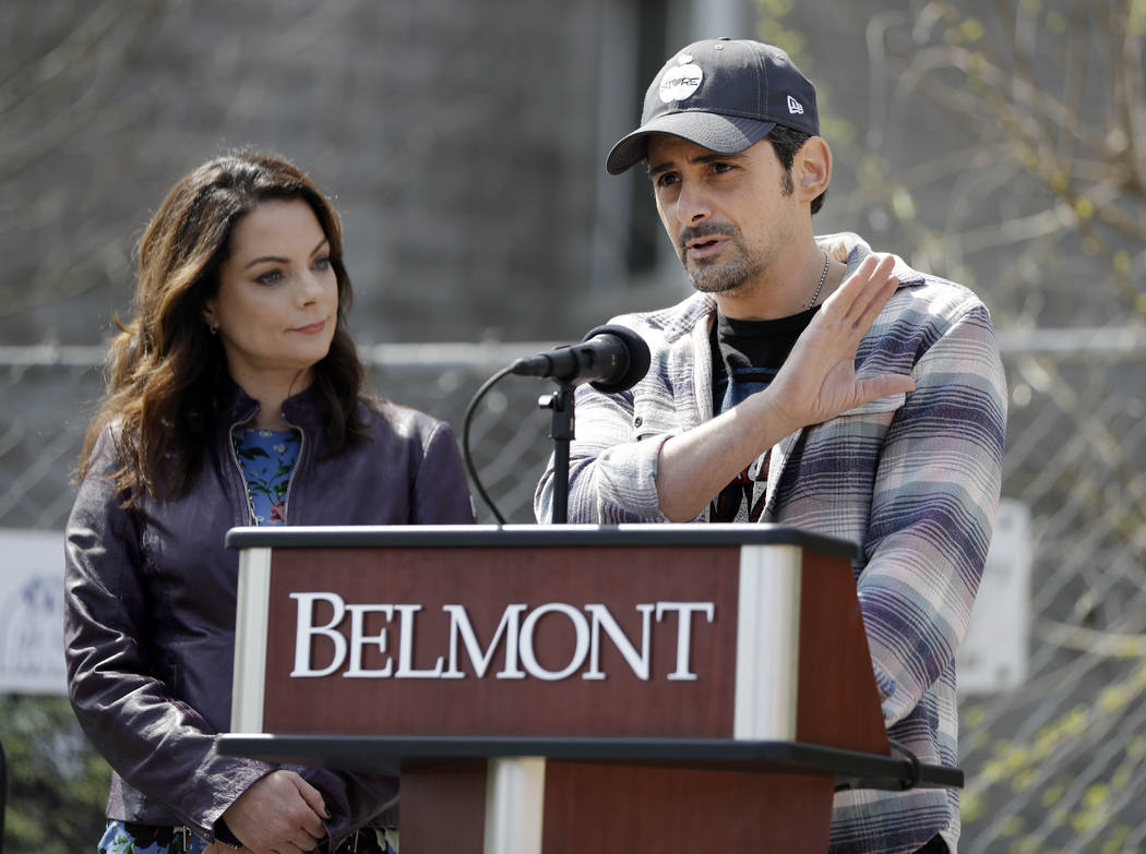 Country music star Brad Paisley and his wife, actress Kimberly Williams-Paisley, speak at the g ...