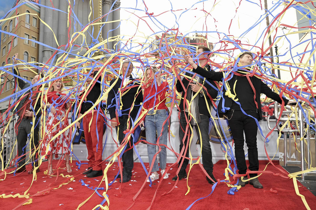 "Avengers: Endgame" cast members, Paul Rudd, from left, Scarlett Johansson, Robert Do ...