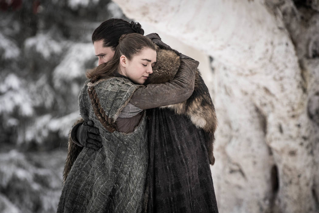 This image released by HBO shows Maisie Williams, left, and Kit Harington in a scene from &quot ...