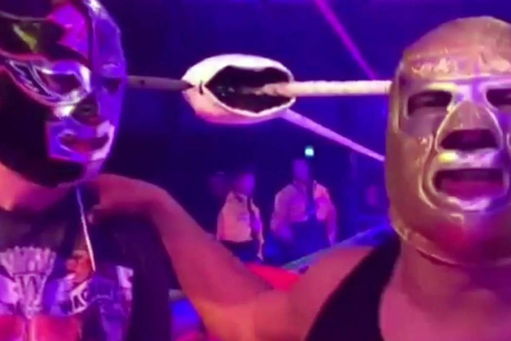 In this image made from video taken on Saturday, May 11, 2019, Silver King, right, talks to the ...