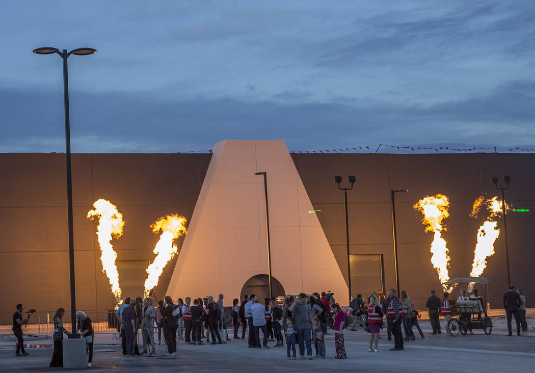 Guests enjoy pyrotechnics marking the unveiling of the entryway of Area15, an experiential reta ...