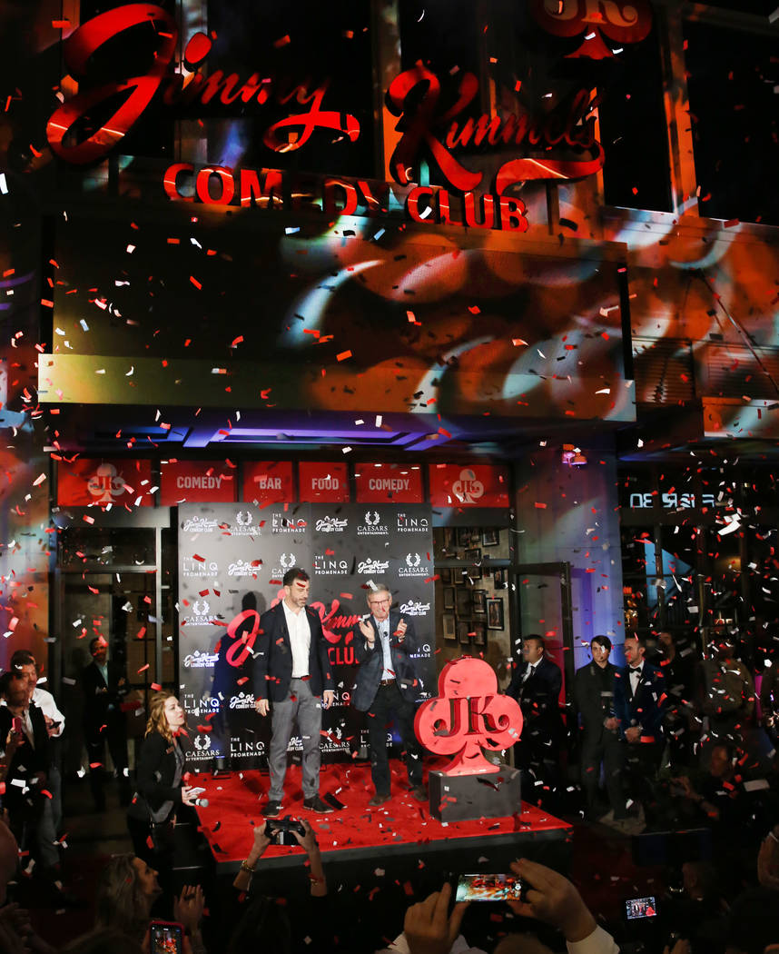 Emmy Award-winning TV host, Jimmy Kimmel, left, and Tony Rodio, right, CEO of Caesars Entertain ...