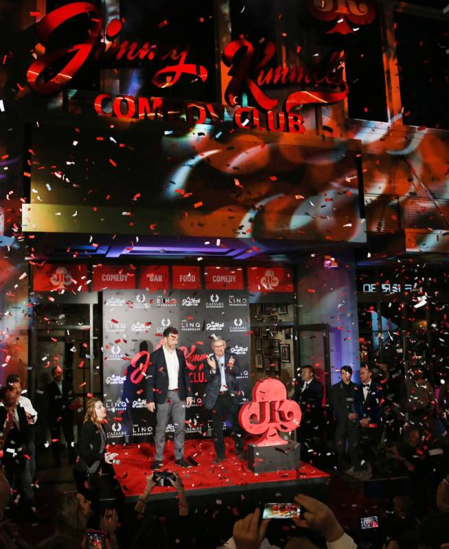 Emmy Award-winning TV host, Jimmy Kimmel, left, and Tony Rodio, right, CEO of Caesars Entertain ...