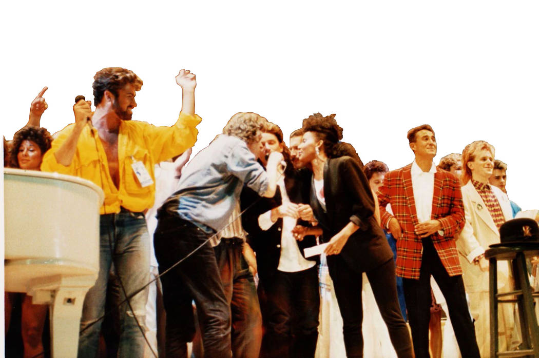 British and Irish singers perform on stage at the Live Aid concert at Wembley Stadium, London, ...