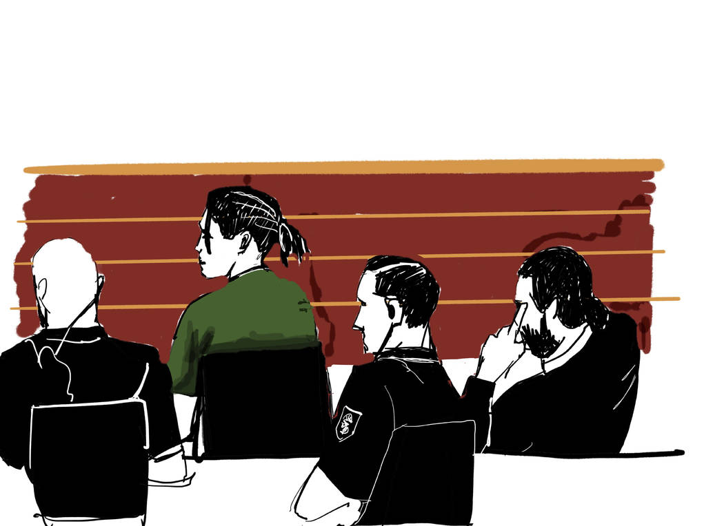 Rakim Mayers known as A$AP Rocky, is seen in green shirt, as he sits in the district court in S ...