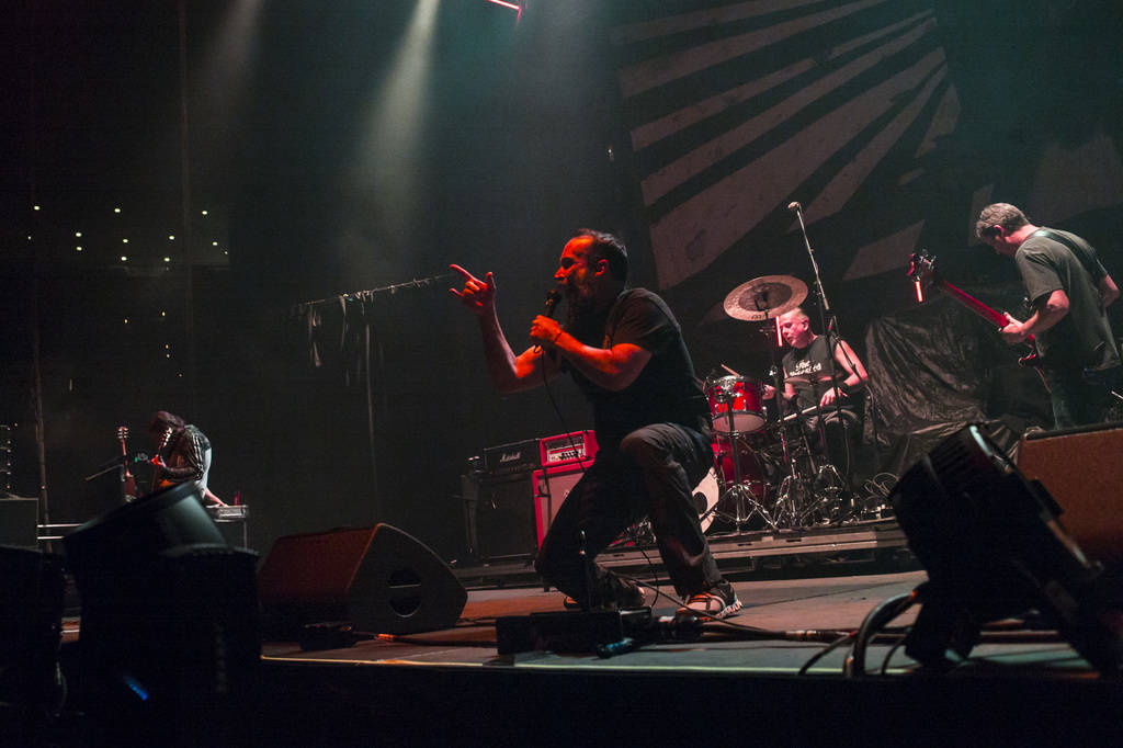 Neil Fallon, of Clutch, center, performs at the Mandalay Bay Events Center during the Psycho La ...