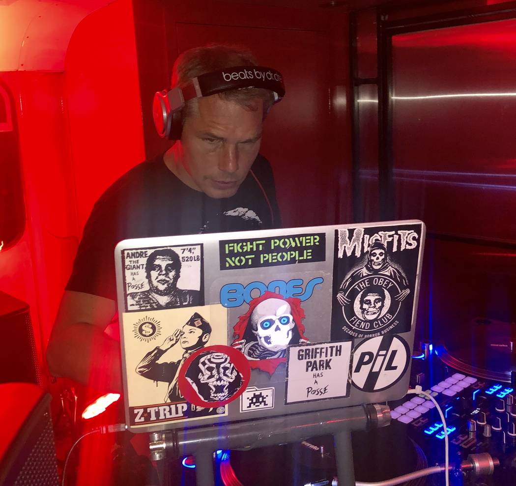 Pop artist Shepard Fairey performs a DJ set at On The Record at Park MGM on Wednesday, Sept. 25 ...