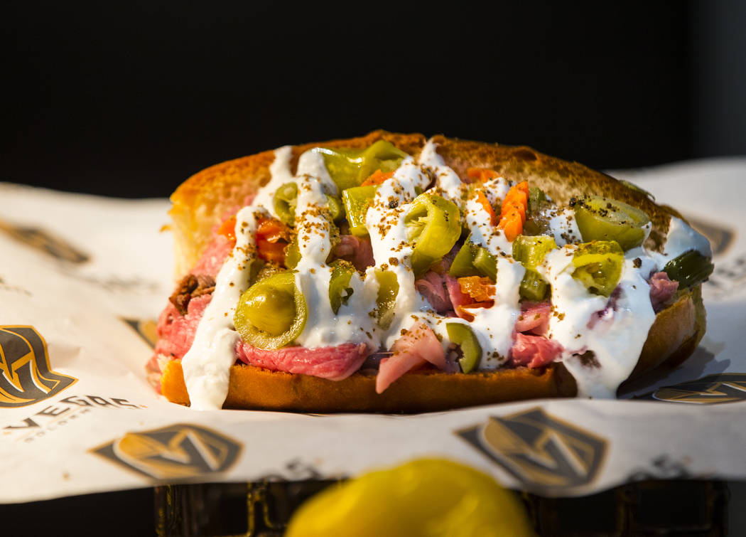 The herb crusted prime rib sandwich is seen at the Carvery before the start of a Golden Knights ...