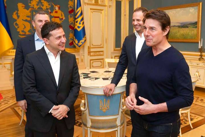 Ukrainian President Volodymyr Zelenskiy and American actor, film director and producer Tom Crui ...