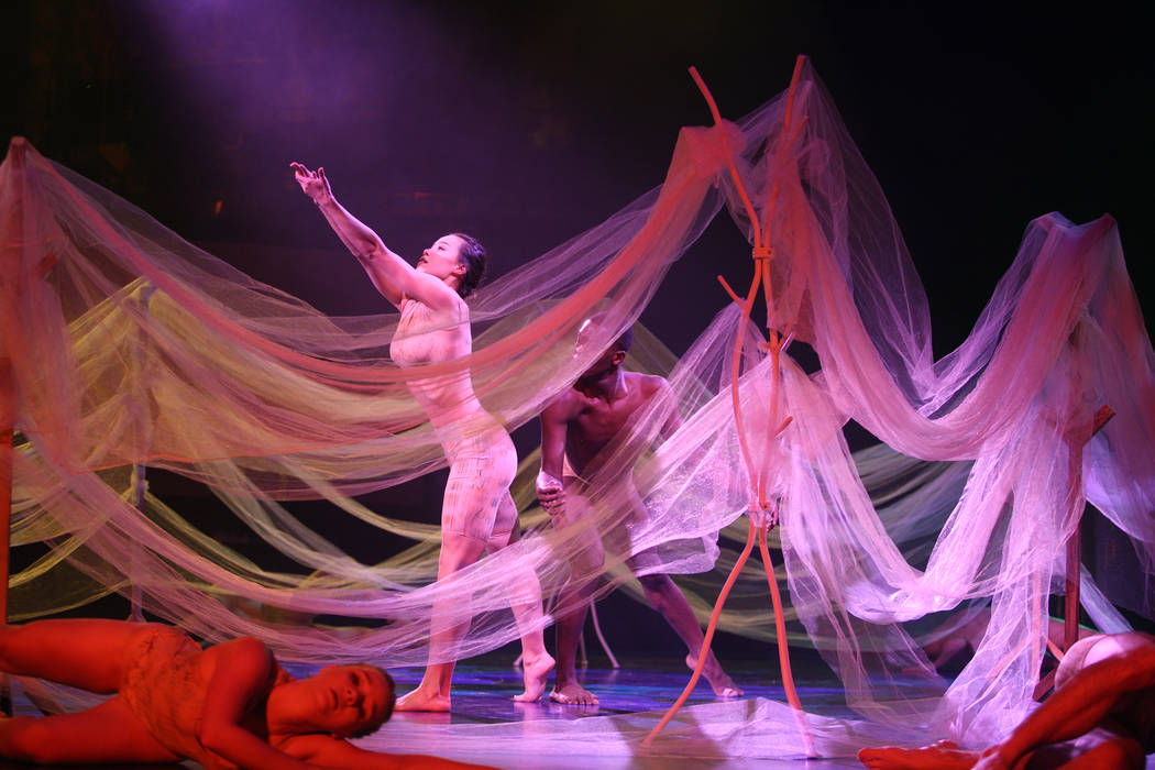 Dancers with Cirque du Soleil and the Nevada Ballet Theatre perform a routine while rehearsing ...