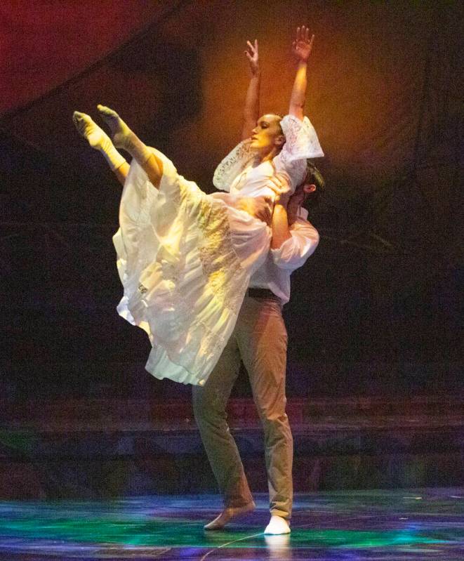 Dancers with Cirque du Soleil and the Nevada Ballet Theatre perform a routine while rehearsing ...