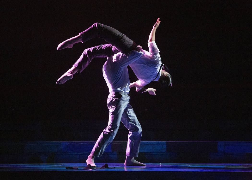 Anthony Cardona from Cirque du Soleil, lifts Rachel Thomson from Nevada Ballet Theatre while pr ...