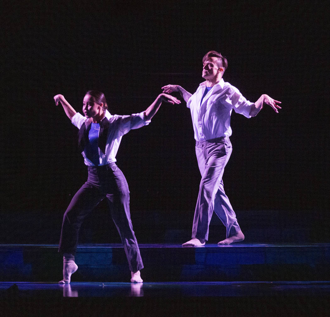 Rachel Thomson from Nevada Ballet Theatre, left, and Anthony Cardona from Cirque du Soleil, pra ...