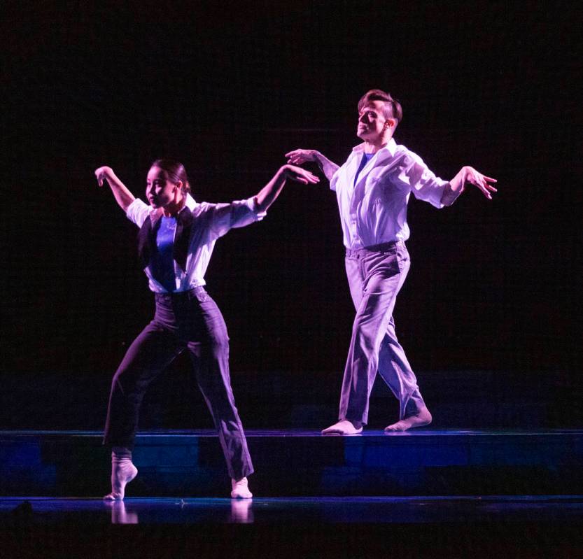 Rachel Thomson from Nevada Ballet Theatre, left, and Anthony Cardona from Cirque du Soleil, pra ...