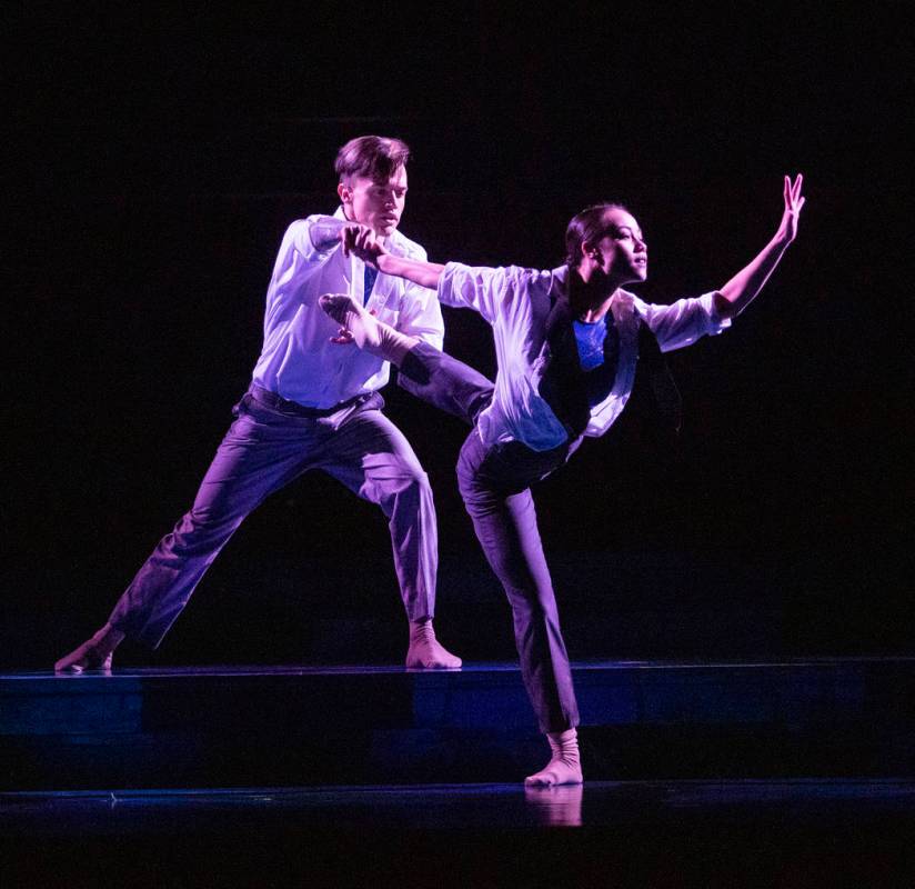 Anthony Cardona from Cirque du Soleil, left, and Rachel Thomson from Nevada Ballet Theatre, pra ...