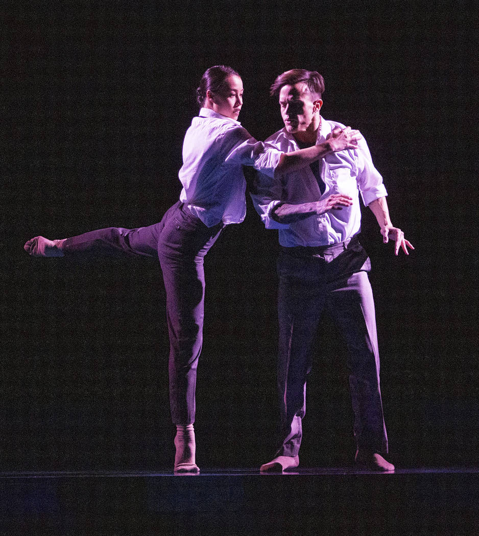 Rachel Thomson from Nevada Ballet Theatre, left, and Anthony Cardona from Cirque du Soleil, pra ...