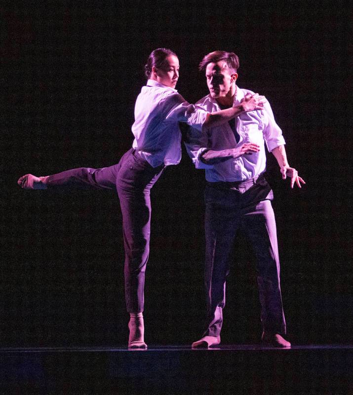 Rachel Thomson from Nevada Ballet Theatre, left, and Anthony Cardona from Cirque du Soleil, pra ...