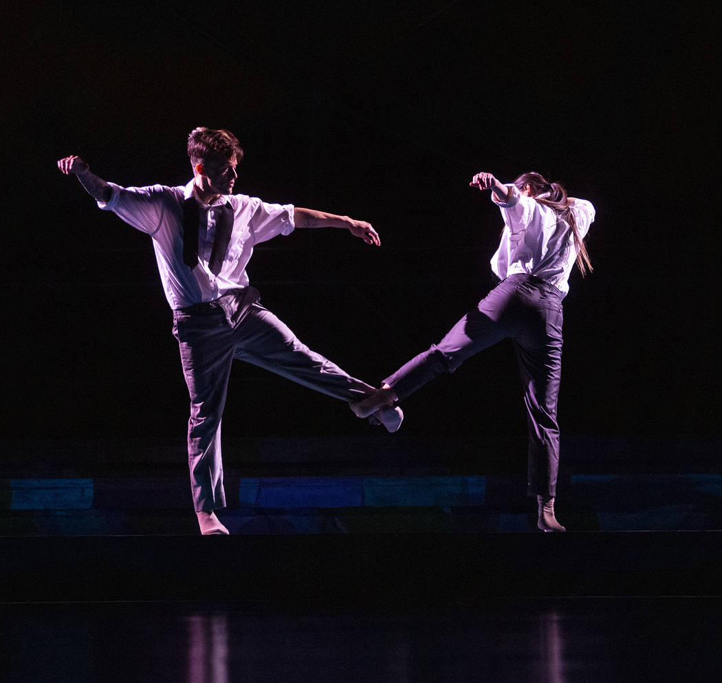 Anthony Cardona from Cirque du Soleil, left, and Rachel Thomson from Nevada Ballet Theatre, pra ...