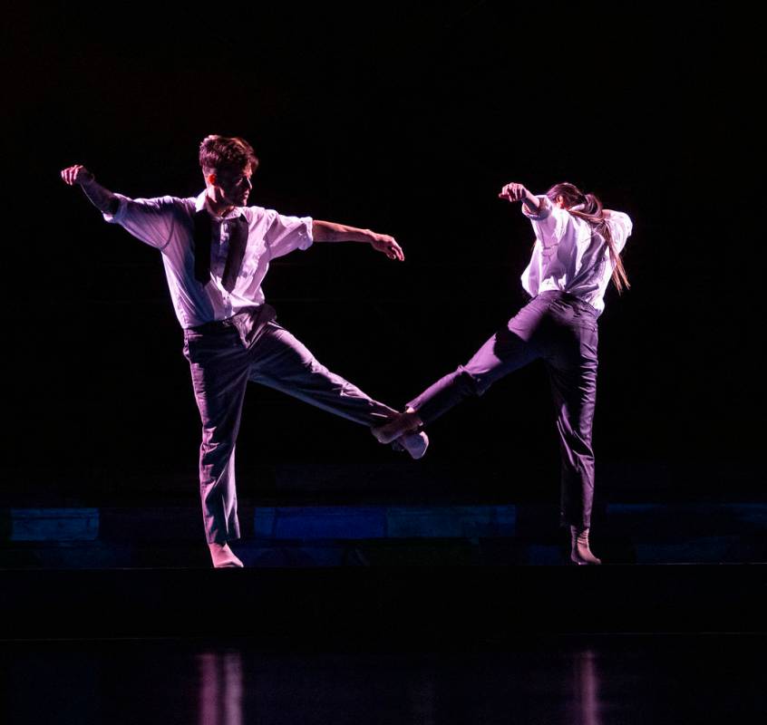 Anthony Cardona from Cirque du Soleil, left, and Rachel Thomson from Nevada Ballet Theatre, pra ...