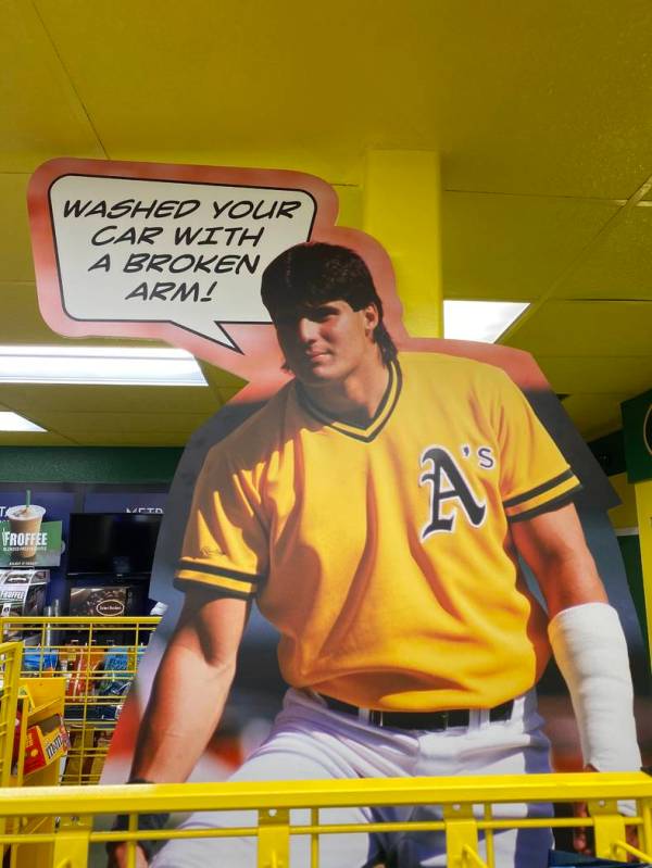 A cutout of Jose Canseco from early in his career with the Oakland Athletics is shown Saturday, ...
