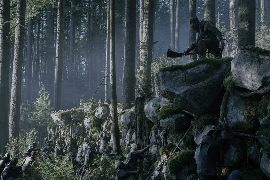 This image released by Apple TV Plus shows Jason Momoa in a scene from "See," premier ...