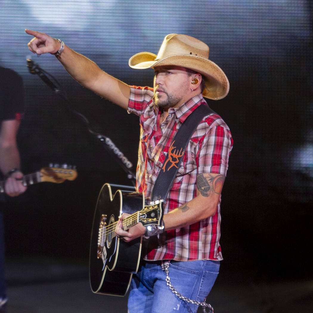 Jason Aldean performs at the Park MGM's Park Theater in Las Vegas on Friday, Dec. 6, 2019. (Eli ...