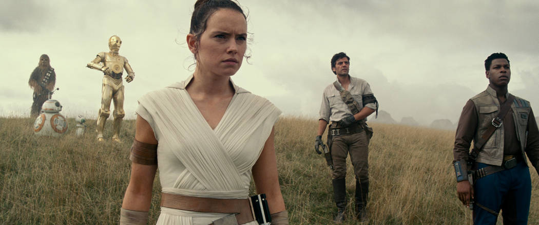 (Left to right( Chewbacca (Joonas Suotamo), BB-8, D-O, Rey (Daisy Ridley), Poe Dameron (Oscar I ...