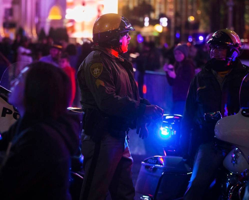 Metro provides security on the Strip on Tuesday, Dec. 31, 2019, in Las Vegas. (Benjamin Hager/L ...