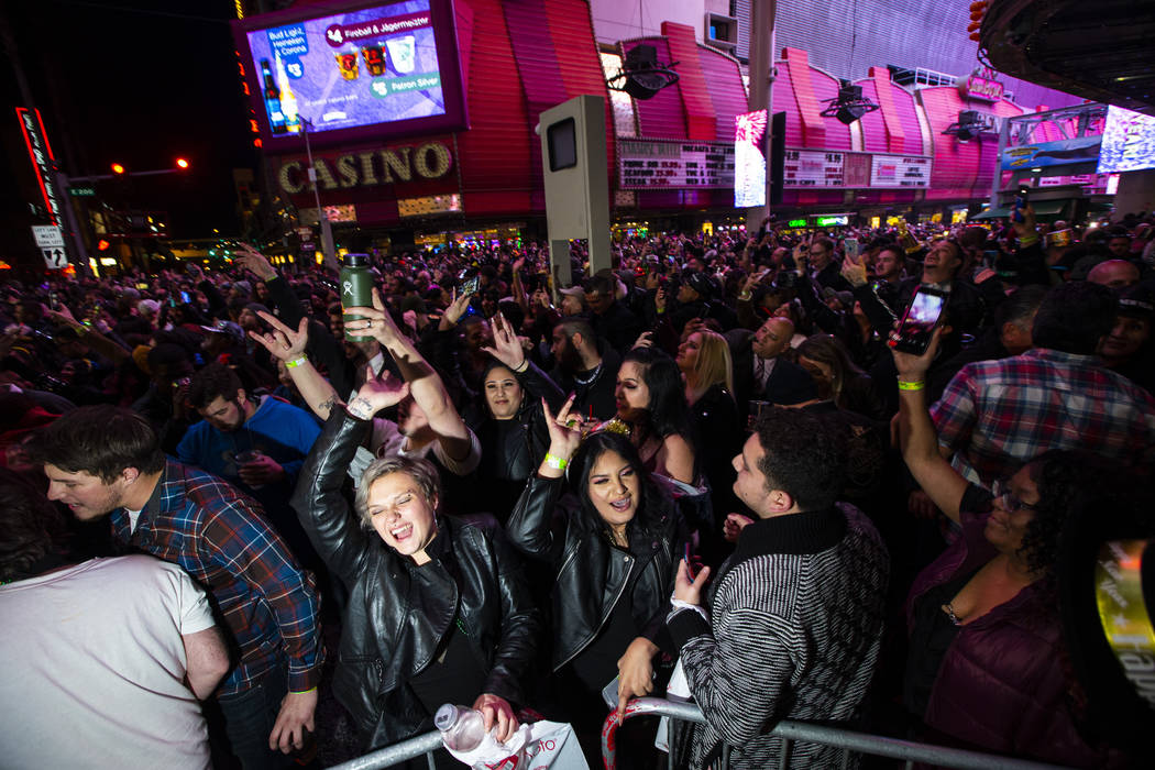 Revelers celebrate during a New Year's party at the Fremont Street Experience in downtown Las V ...