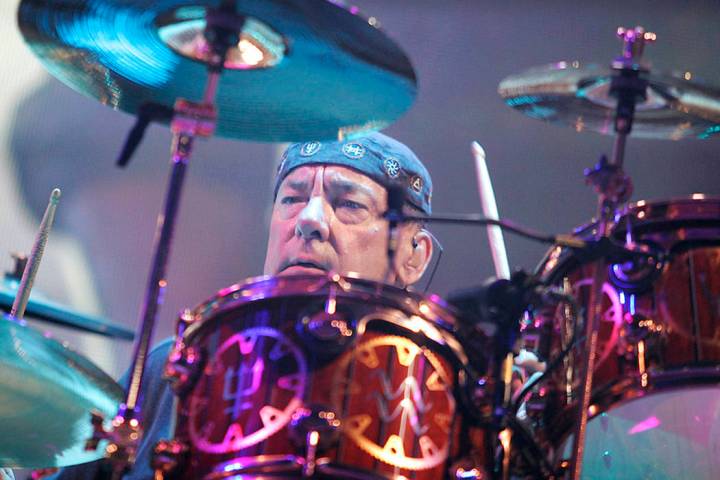 Rush drummer Neil Peart plays during the band's performance at the MGM Grand Garden in Las Vega ...